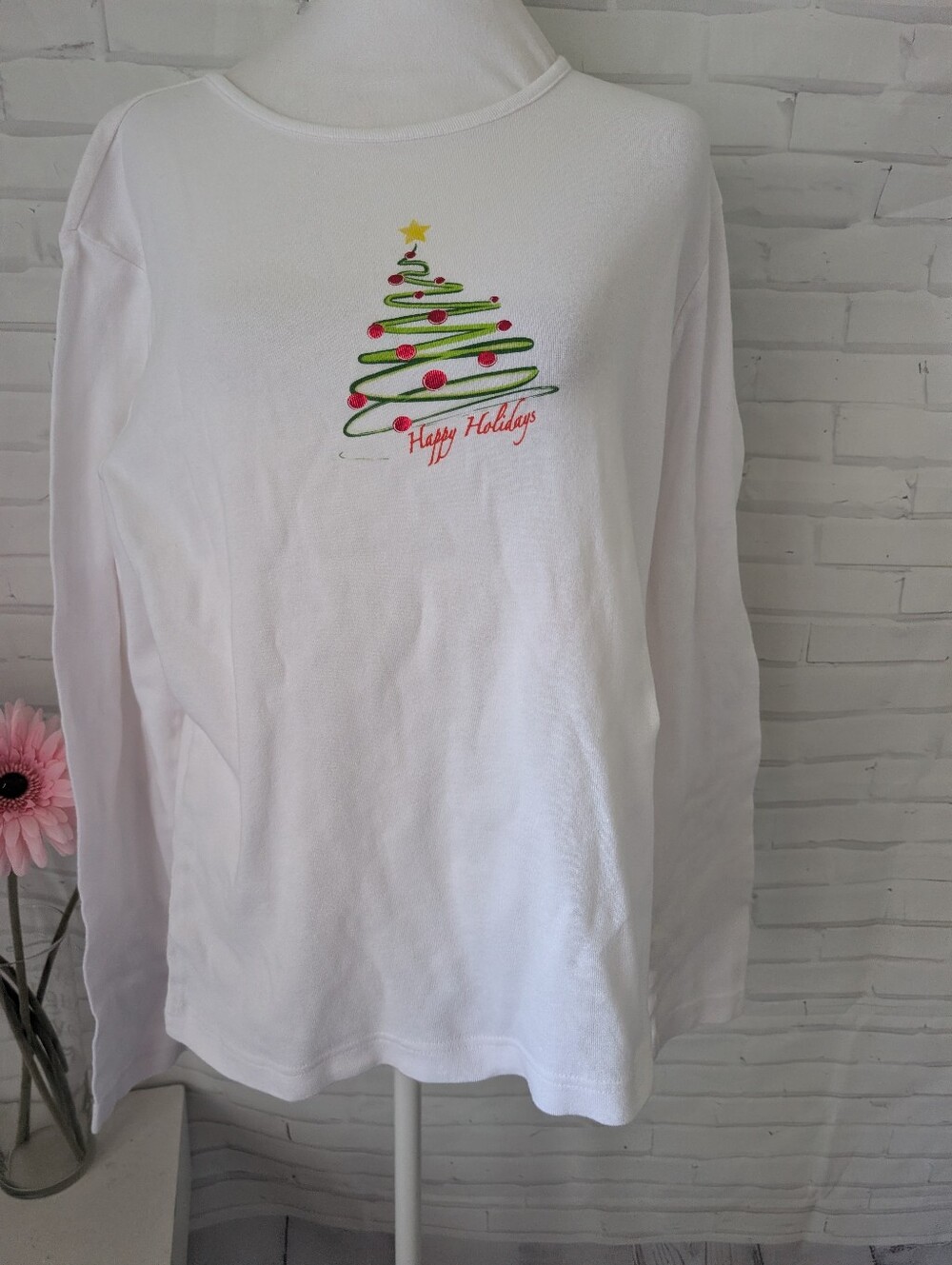 Holiday Editions White Long-Sleeve Top with Green Christmas Tree and Red Accents